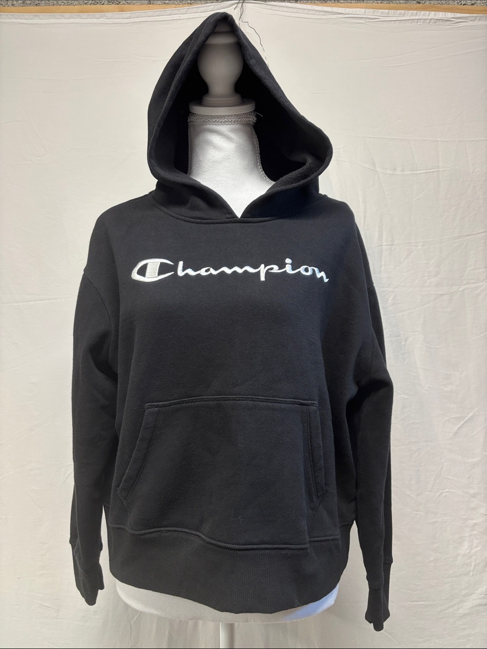 Champion Black Hooded Crewneck Sweatshirt with White Script